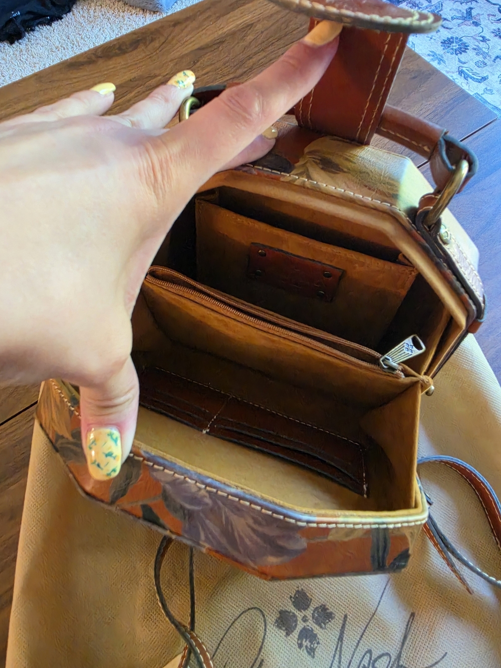 Patricia Nash Leather Floral Mini Top-Handle Bag in Brown and Purple - Picture 6 of 7